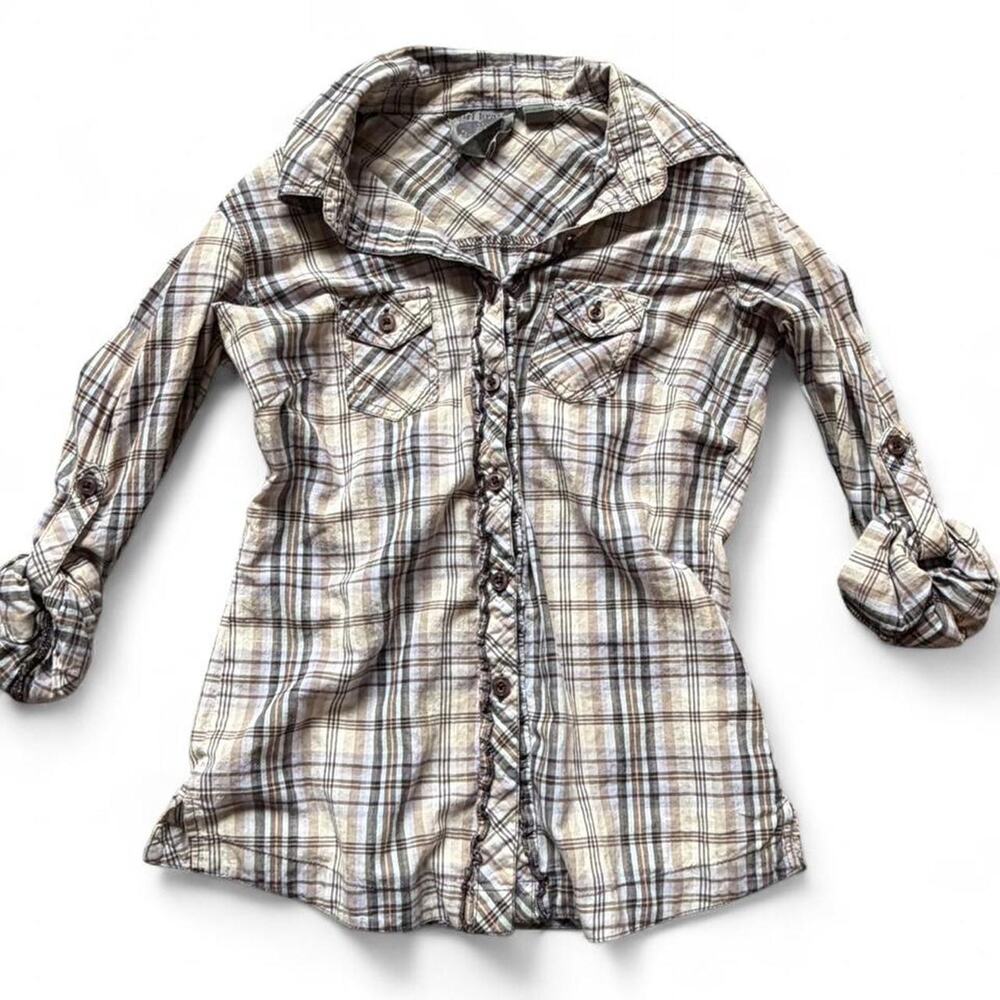 Girl Krazy brown plaid button up shirt with lace up detail